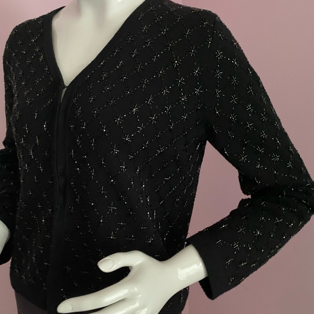 Vintage 90s Ann Taylor Beaded Cardigan V-neck Merino Wool Black Bugle Beads